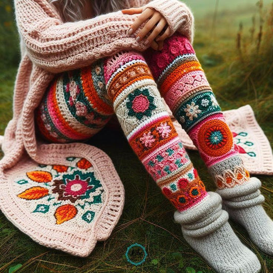 Vintage Crochet Colorblock Patchwork Floral And Leaf Cozy Knit Leggings artswardrobe