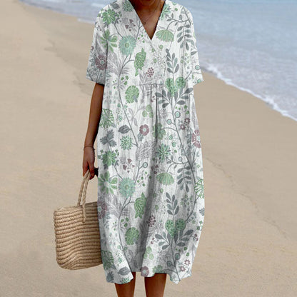 Comstylish Women's Pastoral Floral Art Print Casual Cotton Linen Dress