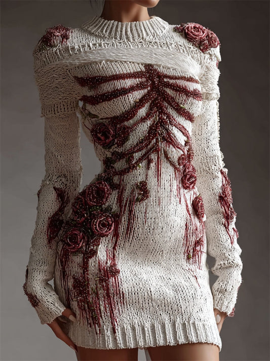 Comstylish Classy Bloody Skeleton Anatomy Roses Beaded Bandages Sweater Dress