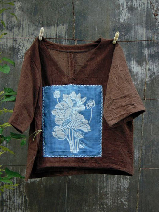 Comstylish Lotus Flower Indigo Tie-dye Patchwork Art Linen Shirt