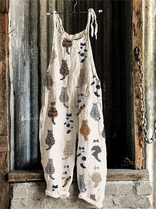 Comstylish Cute Cats Embroidery Pattern Linen Blend Casual Jumpsuit