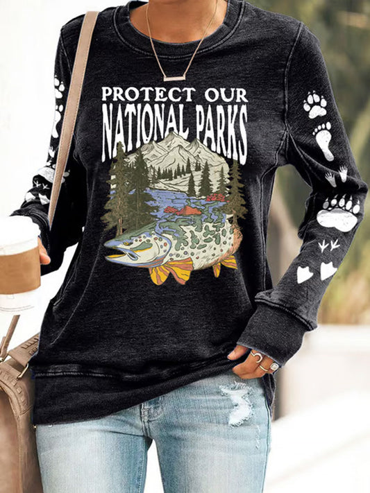Comstylish Women's Protect Our National Parks Print Round Neck Sweatshirt