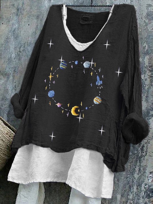 Comstylish Women's Planets Inspired Embroidered Linen Blend Shirt