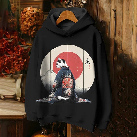Men's Kimono Cat And Mount Fuji Japanese Art Print Hooded Sweatshirt elevenforest