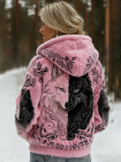 Comstylish Women's Viking Wolf Art Knit Cozy Flannel Hooded