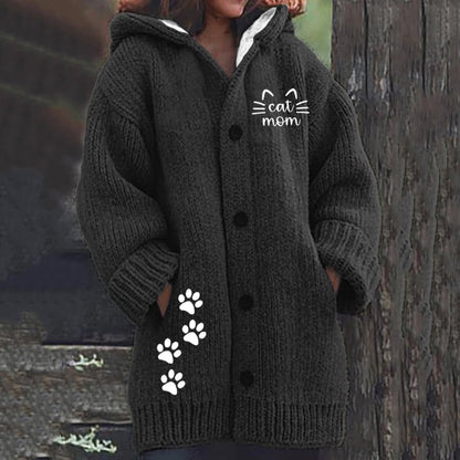 Comstylish Cat Print Long Sleeved Knitted Hooded Cardigan
