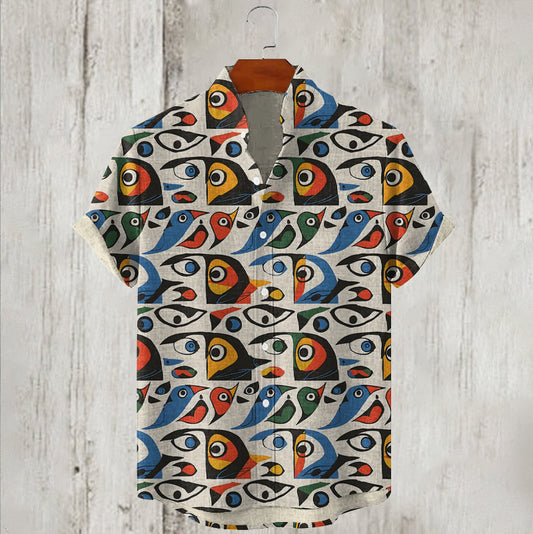 Abstract Art Geometric Bird Graphics Print Linen Men's Shirt artswardrobe