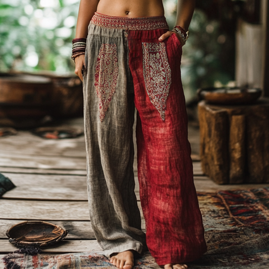 Vintage Bohemian Floral Ethnic Totem Art Printed Cotton Linen Wide Leg Pants artswardrobe