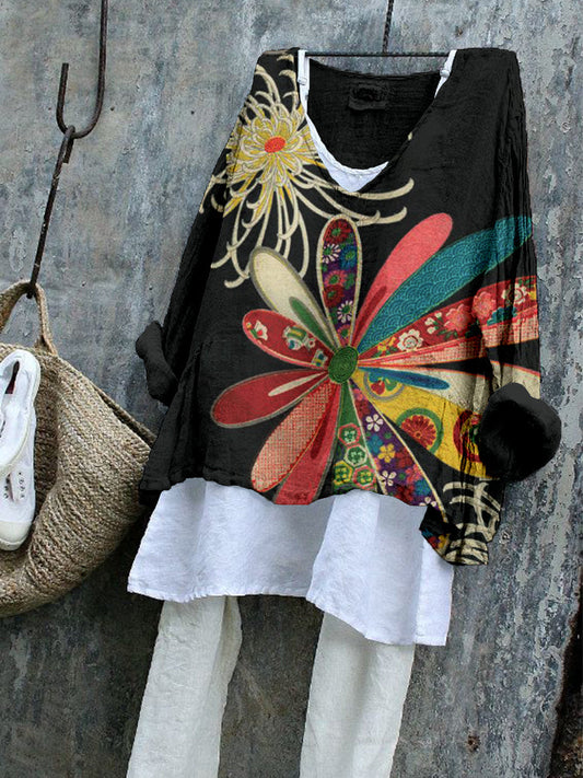 Comstylish Vintage Japanese Flower Art Linen Blend Flowy Tunic