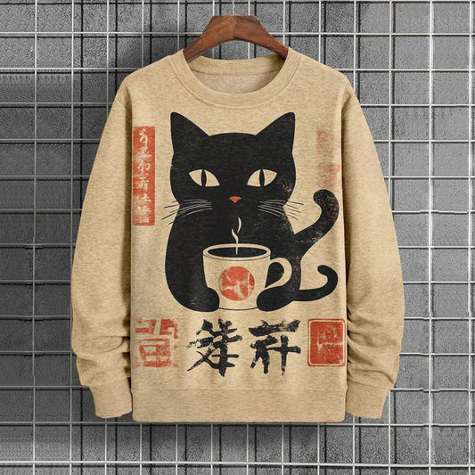 Men's Black Cat Drinking Hot Tea Japanese Art Print Casual Sweatshirt elevenforest