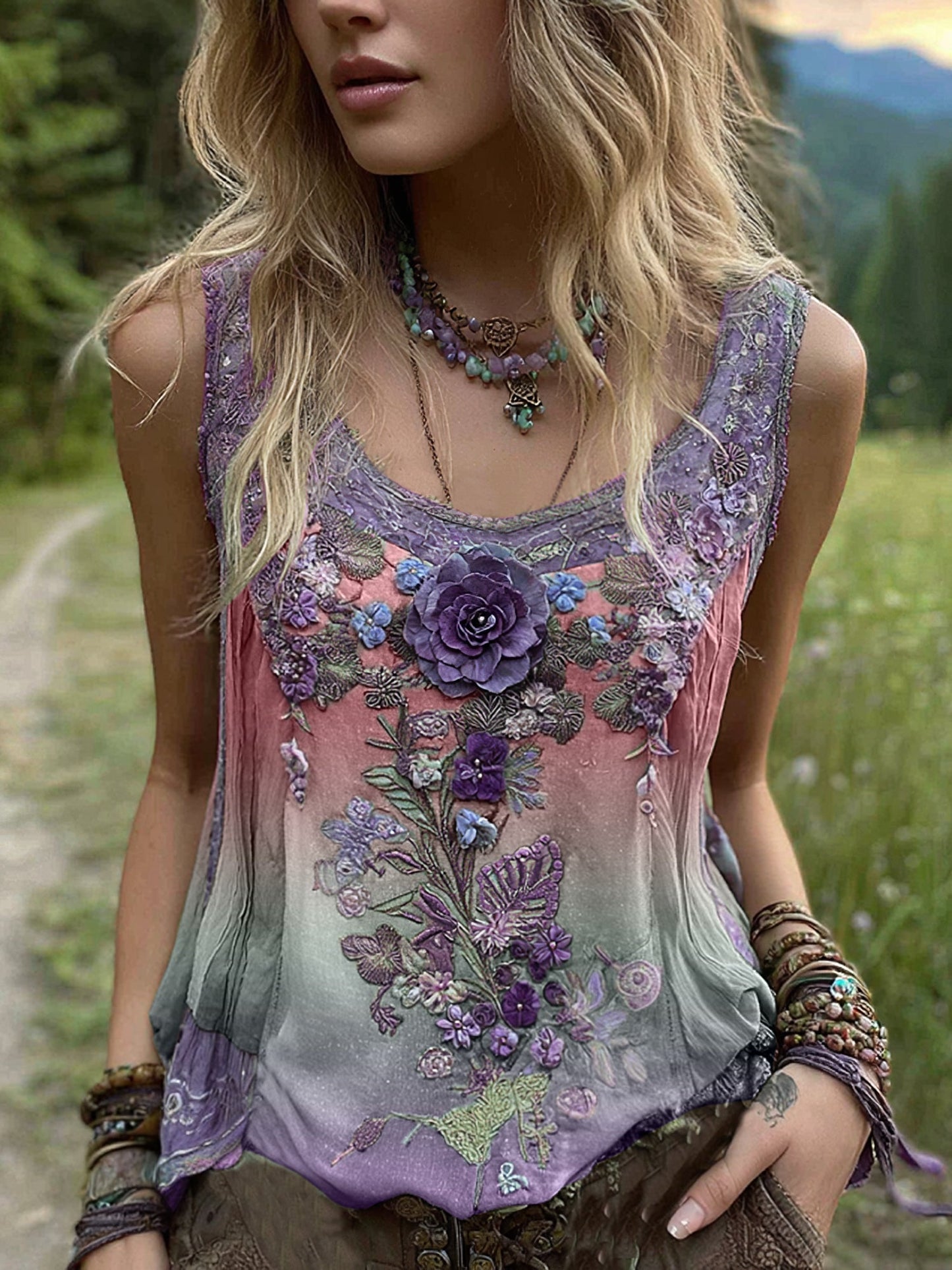 Vintage Classy Gradient Purple Lavender And Floral Embroidered Pattern Linen Tank Top artswardrobe