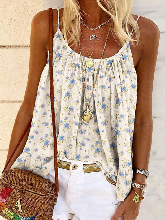 Cottage Floral Ruffle Pleated A Line Cami Top artswardrobe
