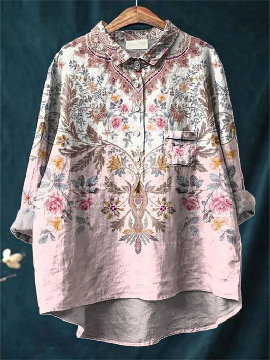 Comstylish Vintage Floral Women's Loose Linen Shirt