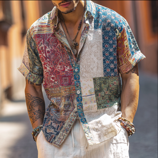 Western Style Bohemian Plant Flower Pattern Color Block Patchwork Retro Cotton And Linen Men's Shirt artswardrobe