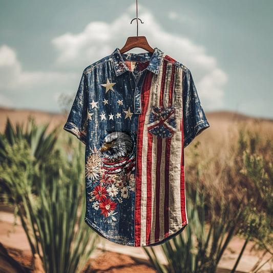 Men's Retro American Flag And Eagle Pattern  Independence Day Contrast Patchwork Pattern Art  Short-sleeved Linen Shirt artswardrobe