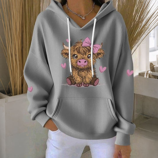 Women's Cute Heart Highland Cow Print Long Sleeve Casual Hoodie artswardrobe