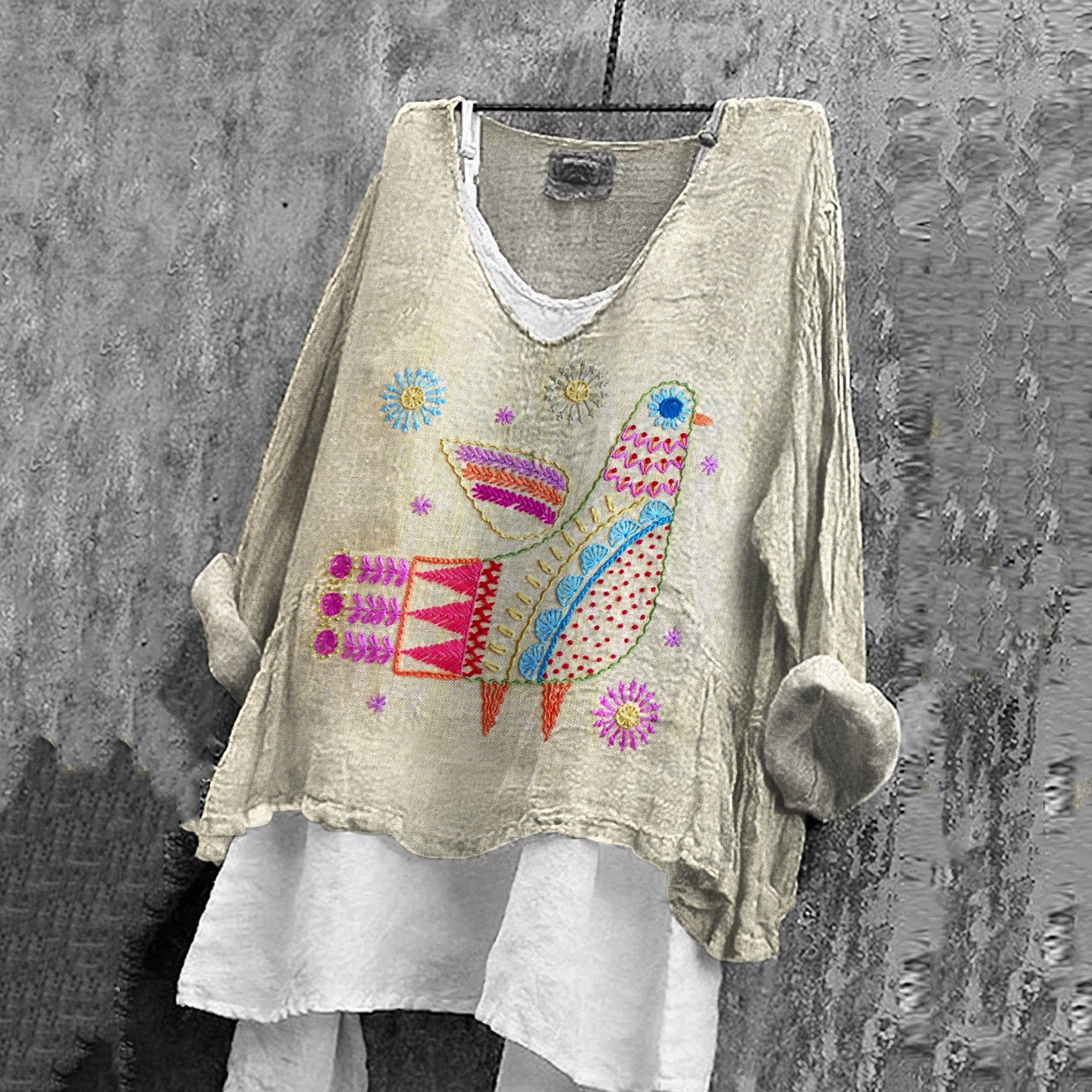 Comstylish Women's Vintage Floral And Bird Embroidery Cozy Shirt
