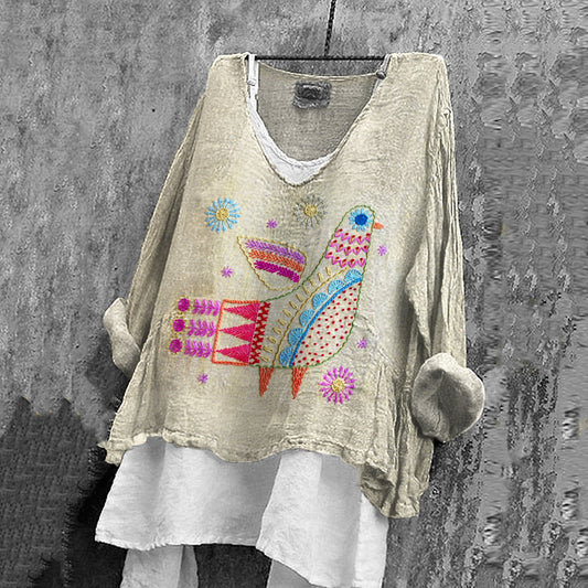 Comstylish Women's Vintage Floral And Bird Embroidery Cozy Shirt