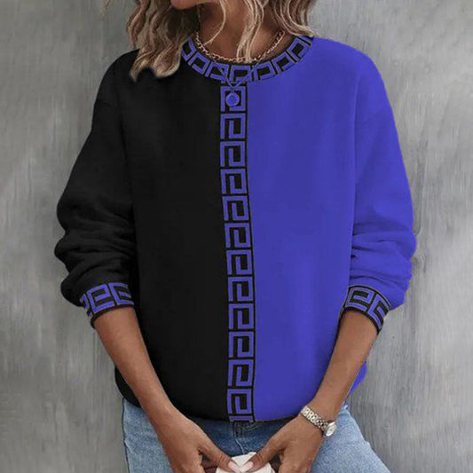 Comstylish Greek Key Pattern Contrast Color Round Neck Casual Sweatshirt