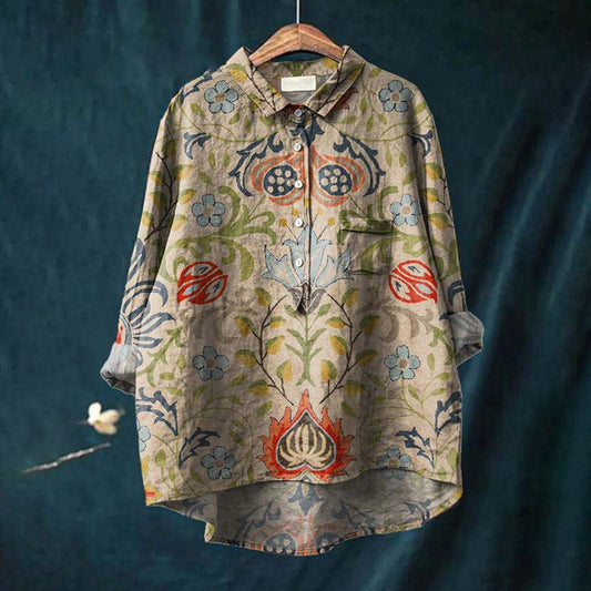 Comstylish Women's Vintage Ethnic Floral Art Print Casual Cotton Linen Shirt
