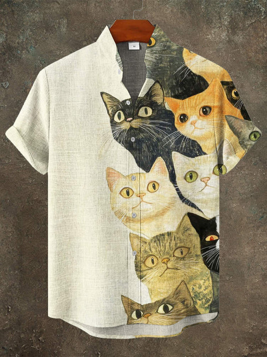 Vintage Japanese Cat Print Men's Linen Short Sleeve Shirt elevenforest