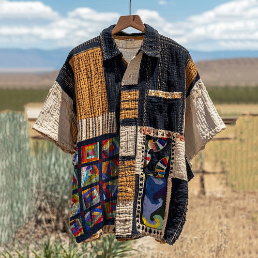 Men's Vintage Amish Quilted Fan Wave Linen Shirt artswardrobe