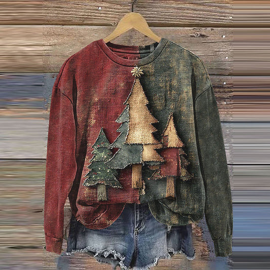 Comstylish Vintage Christmas Tree Art Print Casual Sweatshirt