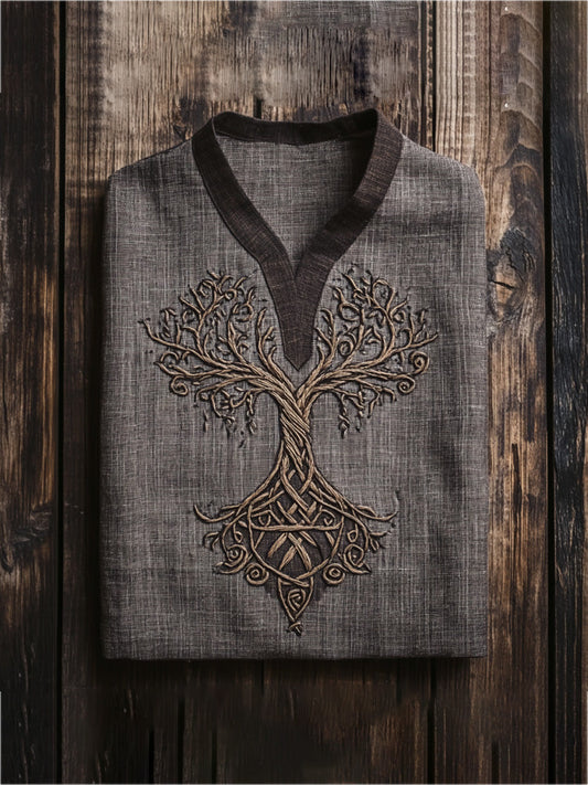 Men's Viking Life Of Tree Celtic Knot Art Linen V-neck T-shirt artswardrobe
