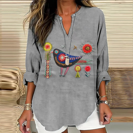 Women's Floral And Bird Embroidery Art Pattern Cotton And Linen V-neck Shirt artswardrobe