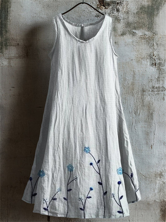 Classy Floral Embroidered Bottom Linen Tank Dress artswardrobe