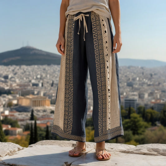 Women's Greek Key Contrast Patchwork Linen Blend Wide Leg Pants artswardrobe