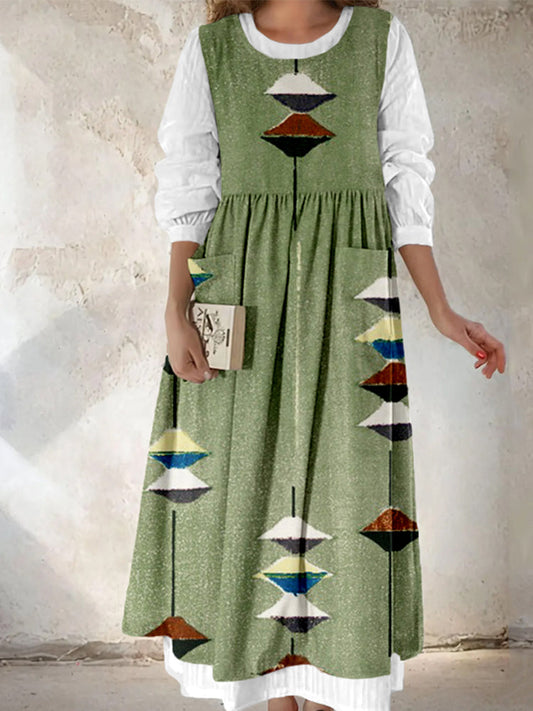 Vintage Japanese Linen Textile Pinafore Midi Dress artswardrobe