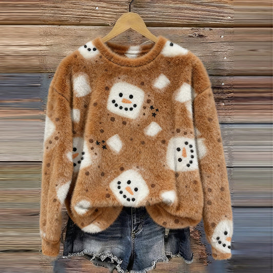 Comstylish Women's Christmas Snowman Cozy Crew Neck Plush Sweatshirt