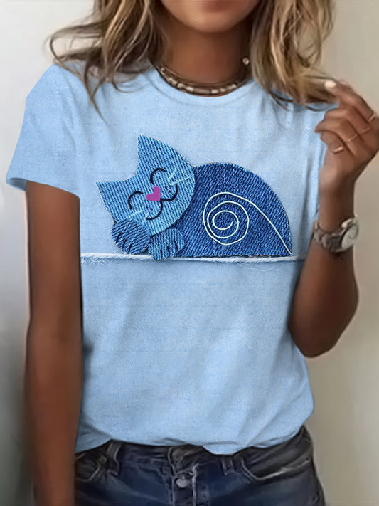 Women's Vintage Denim Patchwork Cat Art Short Sleeve T-shirt artswardrobe