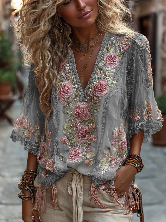 Women's Vintage Rose Embroidery Art Comfy Linen Shirts artswardrobe