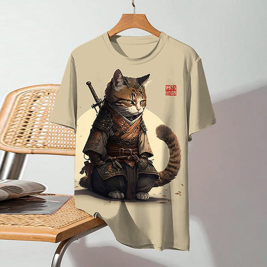 Men's Japanese Style Samurai Cat Art Print Short Sleeve T-Shirt elevenforest
