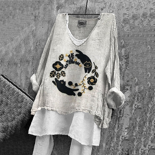 Comstylish Women's Vintage Black Cat Embroidery Pattern Comfortable Shirt