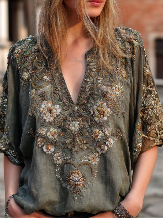 Comstylish Bohemian Style Sequin Flower Embroidery Vintage Cotton And Linen Forgotten Green V-neck Short-sleeved Shirt