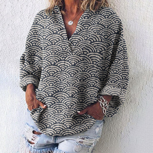 Comstylish Vintage Japanese Traditional Sashiko SevenBerry Art Linen Blend Tunic