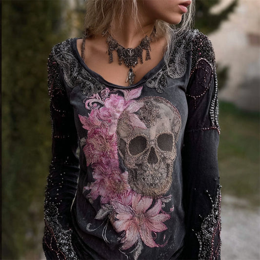 Comstylish Glitter Skull Flowers Beaded Washed T Shirt