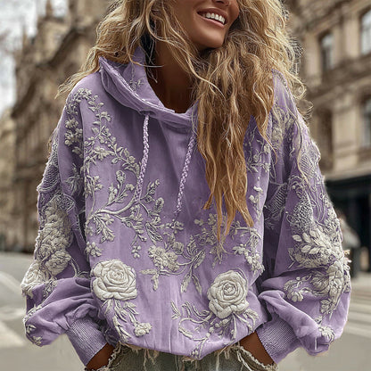 Comstylish Women's Classic Romantic White Rose Embroidery Art Comfy Hoodie