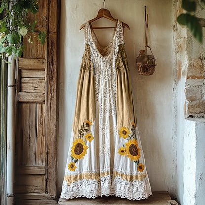 Boho Sunflowers Embroidered Gradient Lace Patchwork Linen Dress artswardrobe