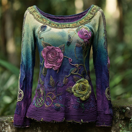 Vintage Gradient Boho Floral Embroidery Women's Round Neck Long Sleeve T-shirt artswardrobe