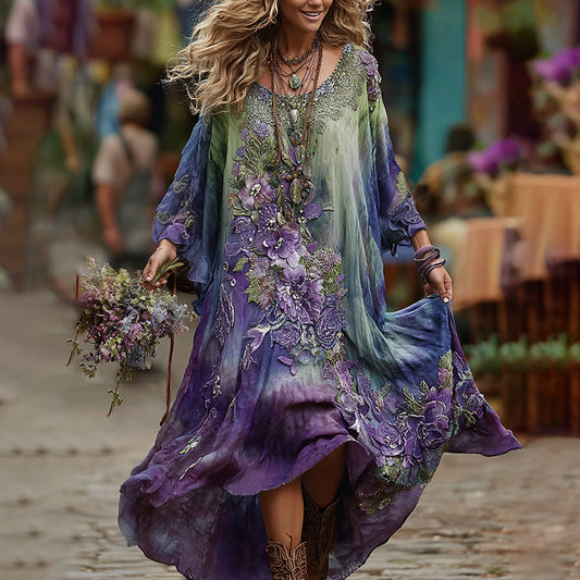 Vintage Green And Purple Lavender Patchwork And Floral Embroidered Art Linen Maxi Dress artswardrobe