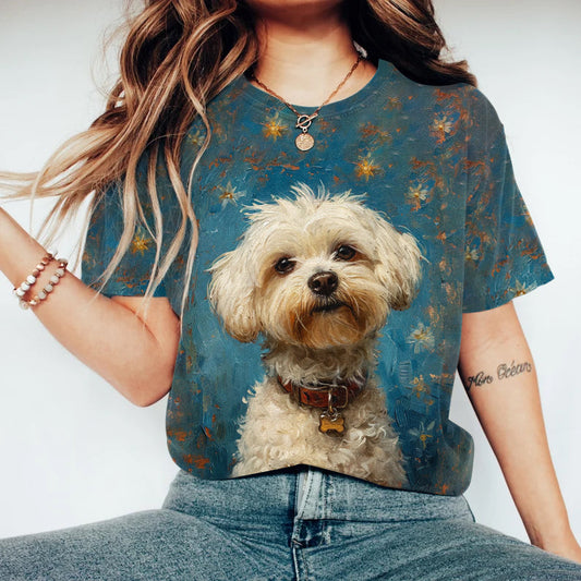 Comstylish Vintage Happy Cute Dog Painting Short Sleeve T-shirt
