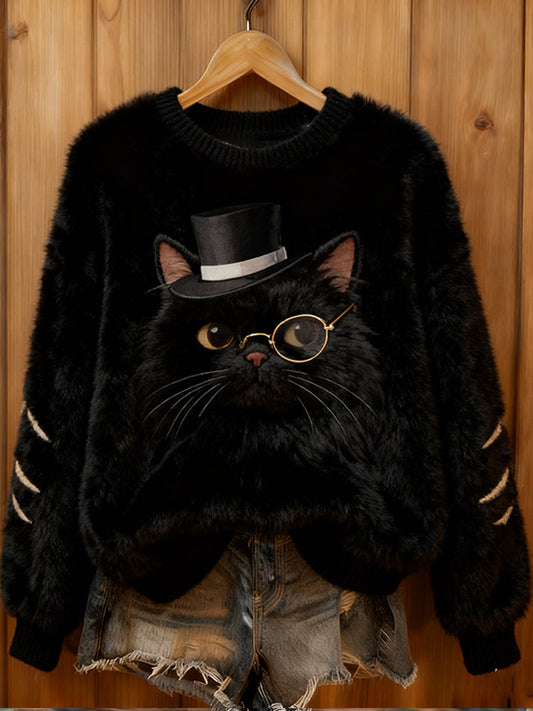 Comstylish Sherlock Holmes Cat Black Flannel Crew Neck Sweatshirt