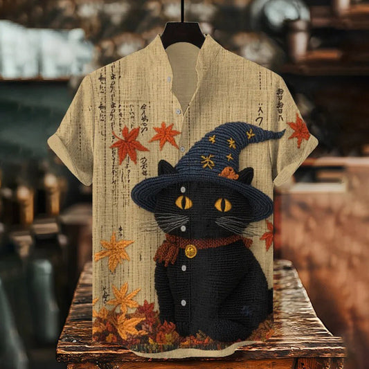 Men's Japanese Maple Leaf And Black Cat Art Print Casual Shirt elevenforest
