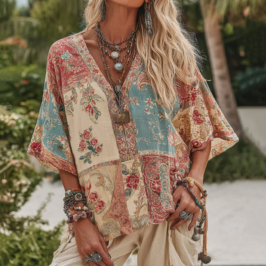 Comstylish Women's V Neck Boho Floral Art Casual Shirt