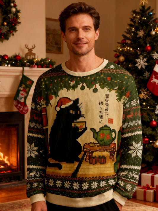 Cute Cat Drinking Tea Christmas Ugly Sweatshirt elevenforest