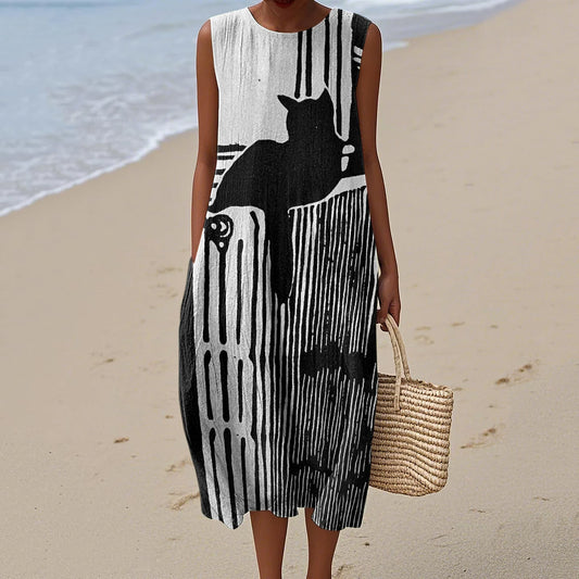 Women's Retro Geometric Black Cat Art Pattern Cotton And Linen Dress artswardrobe